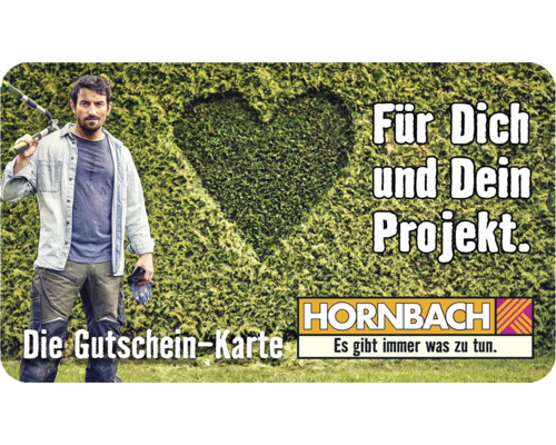 Hornbach Gutschein-Karte für Ihr Projekt mit Mann, Heckenschere und Herz in Hecke