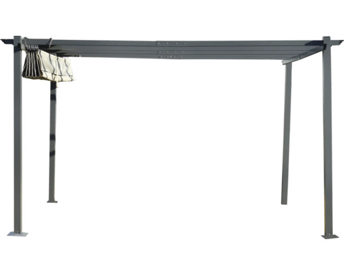 Freistehende graue Pergola mit Vorhängen