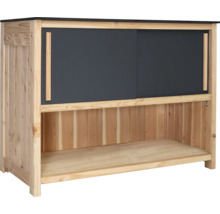 Gartenschrank aus Holz mit Schiebetüren und offenem Regal
