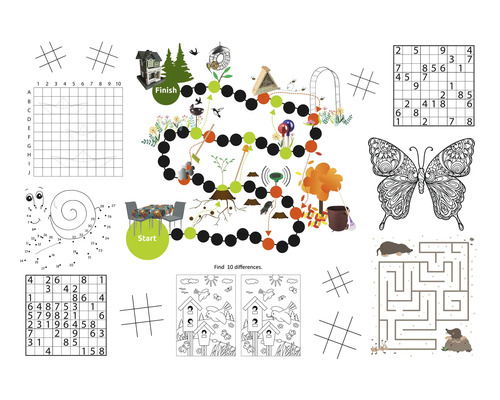 Abbildung verschiedener Spiele wie Sudoku, Labyrinth, Punkt-zu-Punkt und ein Brettspiel