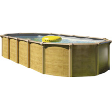 Ovaler Pool mit Holzeffekt und gelbem Schwimmring