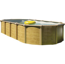 Ovaler Aufstellpool mit Holzverkleidung und gelbem Schwimmreifen