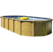 Ovaler Pool mit Holzverkleidung und gelbem Schwimmreifen