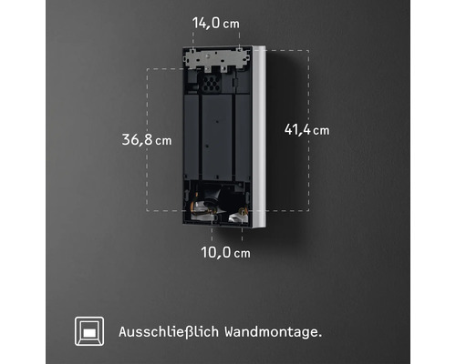 Abmessungen einer elektronischen Klingelanlage zur Wandmontage: 41,4 cm Höhe, 14 cm Breite und 10 cm Tiefe