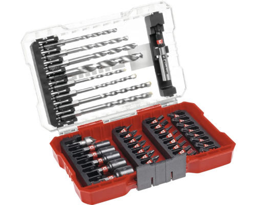 Bohrer und Bit Set in geöffnetem, rotem Kunststoffkoffer