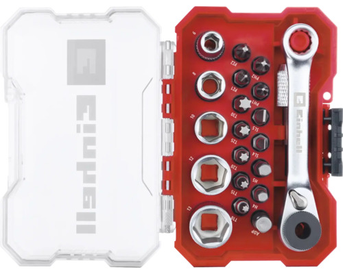 Einhell Ratschenschlüssel- und Bit-Set in geöffnetem Koffer.
