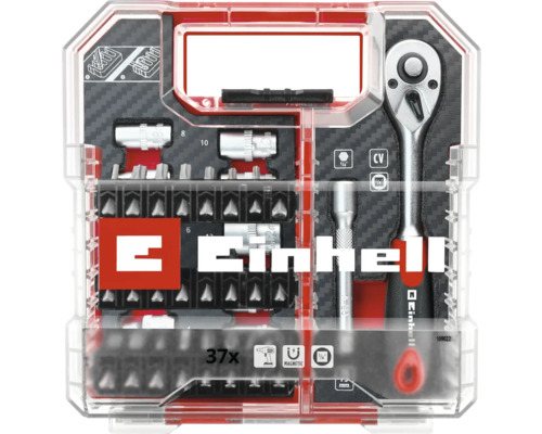 Einhell Logo. 37-teiliges Ratschen- und Bit-Set im transparenten Koffer, magnetisch