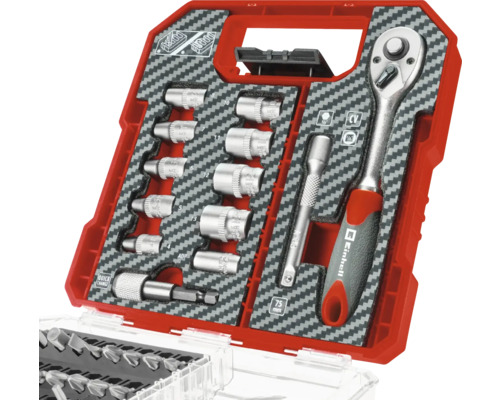 Einhell Steckschlüssel Set mit Ratsche, Verlängerung und Stecknüssen in rotem Koffer