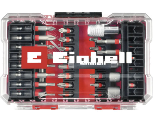 Einhell Logo. Bitset in transparenter Box mit verschiedenen Bits und Steckschlüsseln.