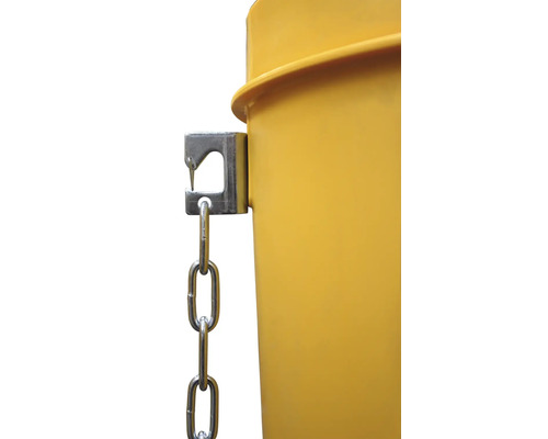 Gelber Eimer mit Metallhalterung und Kette