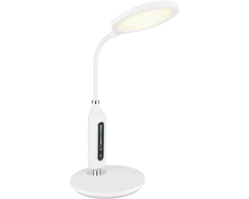 Weiße LED-Tischleuchte mit rundem Lampenkopf und Bedienfeld am Standfuß.