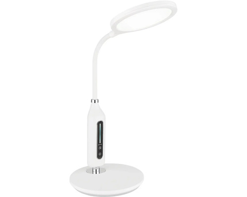 Weiße LED-Tischleuchte mit Touch-Bedienfeld und flexiblem Hals.