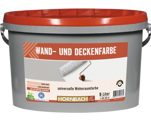HORNBACH Wand- und Deckenfarbe konservierungsmittelfrei weiss 5 L Eimer Wand- und Deckenfarbe für den Innenbereich, 5 Liter, mit Hornbach Logo