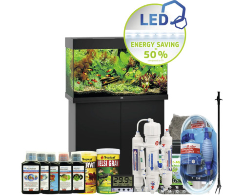 Aquariumkombination JUWEL Rio 125 SBX mit LED-Beleuchtung, Heizer, Filter und Unterschrank schwarz inkl. Starterset mit Osmoseanlage, Easy Life Pflegemittel Set, Tropical Futter, Kies, Deponit Mix, Digitalthermometer, Mulmsauger, Pflanzenzange Komplettes Aquariumset mit Unterschrank, Filtern, Fischfutter, Wasseraufbereitern und weiterem Zubehör