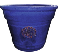 Blauer Blumentopf mit Sonnenblumenmotiv