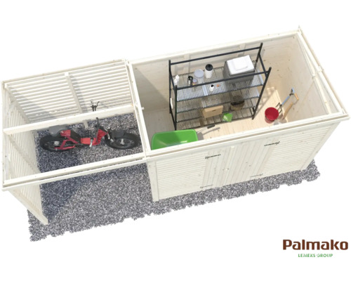 Ansicht eines Gartenhauses aus Holz mit Fahrradunterstand und Geräteschuppen