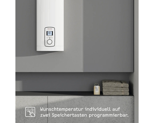 Elektronischer Durchlauferhitzer im Badezimmer mit programmierbarer Wunschtemperatur