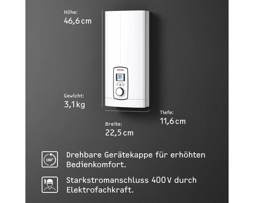 Elektronischer Durchlauferhitzer mit den Maßen Höhe 46,6 cm, Breite 22,5 cm und Tiefe 11,6 cm, Gewicht 3,1 kg.