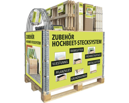 Zubehör für Hochbeet Stecksystem auf einer Palette mit Rankgitter, Vliestunnel, Metallgitter und Frühbeetaufsatz