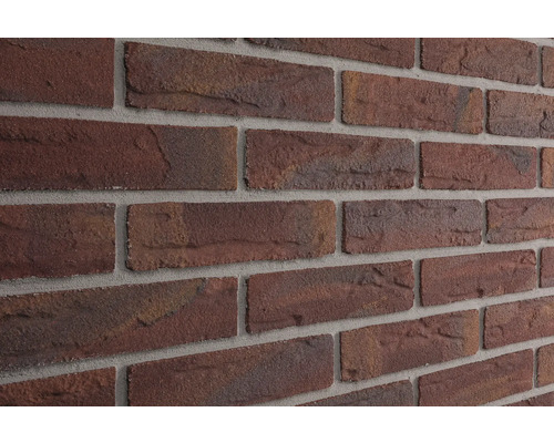 Harz Riemchen Elabrick Kiel 5,0x21,0 cm rot braun Nahaufnahme einer Wand mit Verblendsteinen in Backsteinoptik