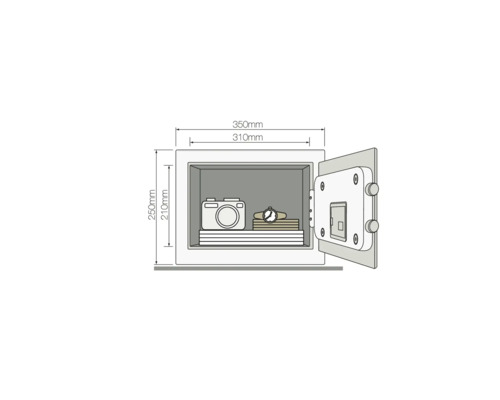 Illustration eines Tresors mit Kamera, Büchern und einer Uhr, Maßangaben sind angegeben