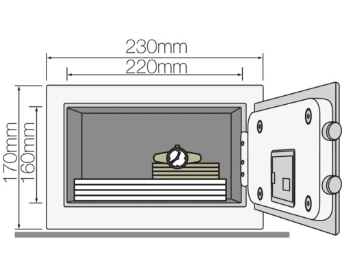 Illustration eines Tresors mit offenen Tür und Größenangaben 230 mm mal 170 mm