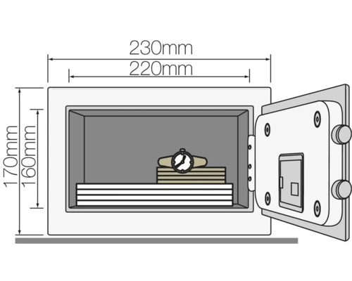 Illustration eines Tresors mit geöffneter Tür und Maßangaben: 230 mm Breite, 220 mm Breite innen, 170 mm Höhe, 160 mm Höhe innen