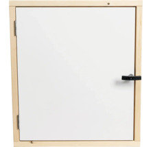 Weißer Putzschrank mit Holzrahmen und Tür