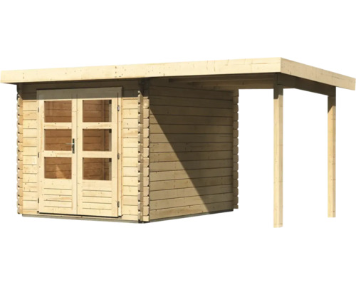 Gartenhaus aus Holz mit Doppeltür und Anbau