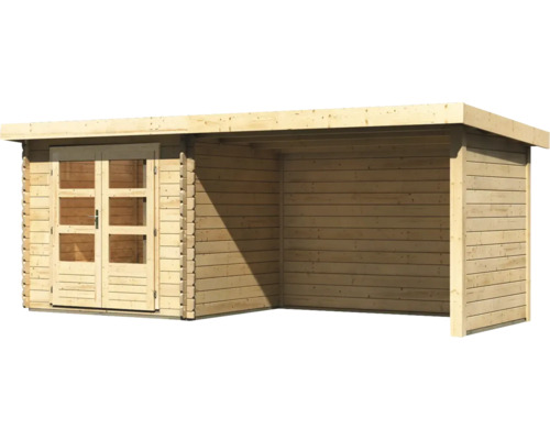 Holzgartenhaus mit Doppeltür und Anbau