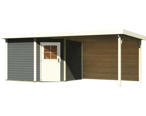 Holzgartenhaus mit Anbau und Tür