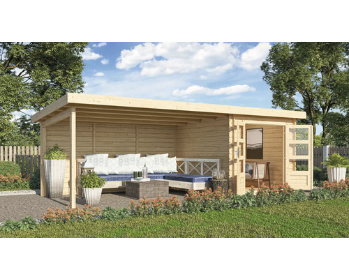 Gartenhaus Karibu Noorvik 4 inkl. Anbaudach 4 m, Rückwand 654 x 333 cm natur Gartenhaus mit überdachter Veranda und Sitzgelegenheiten im Außenbereich