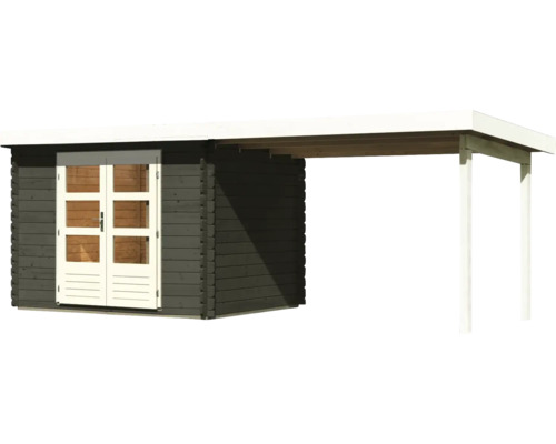 Gartenhaus aus Holz mit Doppeltür und Anbau