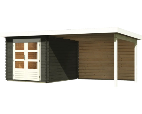 Holzgartenhaus mit Flachdach und Anbau