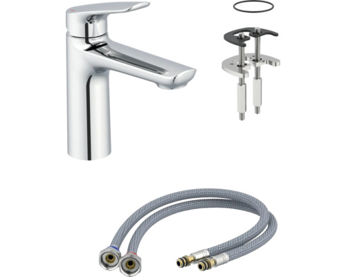 Waschtischarmatur mit Montagezubehör und flexiblen Anschlussschläuchen