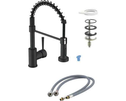 Schwarze Küchenarmatur mit flexibler Feder, Montagezubehör und Anschlussschläuchen