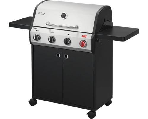 Gasgrill Enders 4 Brenner edelstahl-farbig schwarz inkl. Deckelthermometer,Fettauffangschale,Grillrost,Hochleistungshitzezone,Seitenablage,Warmhalterost Grillrost Gusseisen emailliert Gasgrill mit drei Brennern, zwei Ablageflächen und Unterschrank