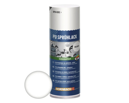 HORNBACH PU-Sprühlack RAL9010 weiß seidenmatt 400 ml PU Sprühlack in einer Dose mit Farbbeispiel und Hornbach Logo