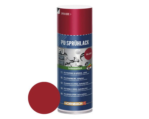 HORNBACH PU-Sprühlack RAL3000 feuerrot seidenmatt 400 ml PU Sprühlackdose mit Farbbeispiel und Hornbach Logo