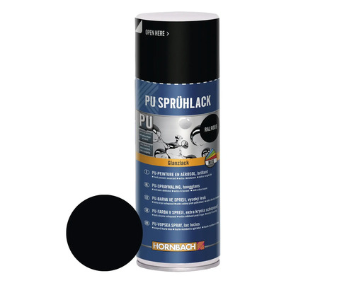 HORNBACH PU-Sprühlack RAL9005 schwarz glänzend 400 ml PU Sprühlack in einer Dose mit Farbbeispiel und Hornbach Logo