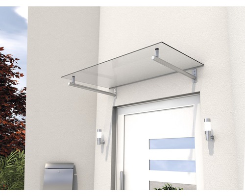 Vordach aus Glas mit Edelstahlhalterung über einer Haustür
