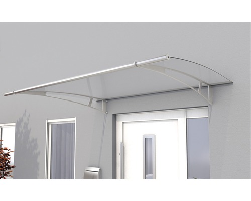 Türvordach aus transparentem Material mit silberfarbenen Halterungen über einer Haustür