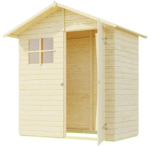 Gartenhaus aus Holz mit geöffneter Tür und Fenster