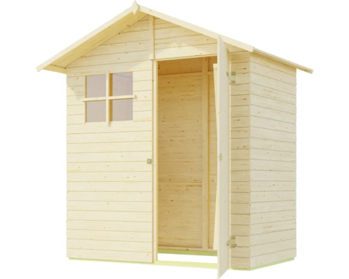 Gartenhaus aus Holz mit geöffneter Tür und Fenster