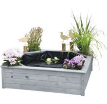 Hochteich aus Holz mit Teichfolie, Blumen und Dekoration