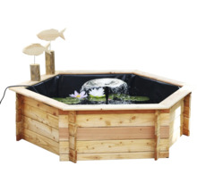 Hochteich promadino Miniteich 6eck-Hochteich mit Solarpumpe,natur, Lärche mit Teichfolie 145 x 128 x 41 cm