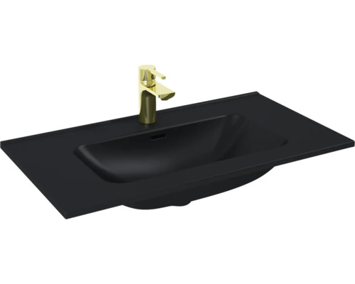 Möbelwaschtisch Jungborn rechteck 81,5x46 cm schwarz matt ohne Beschichtung Schwarzes Waschbecken mit goldener Armatur