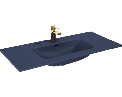 Möbelwaschtisch Jungborn rechteck 101x46 cm navy blau matt ohne Beschichtung Dunkelblaues Waschbecken mit goldener Armatur für das Badezimmer