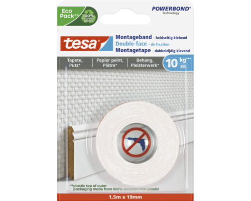 Tesa Montageband für Tapete & Putz (10kg/m) weiß 19 mm x 1,5 m Tesa Montageband Double-Face 1,5 Meter mal 19 Millimeter