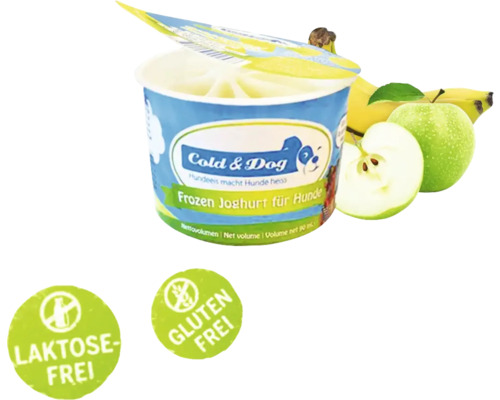 Hundesnack Hundeeis Cold&Dog Frozen Jogurth Apfel-Banane 90 ml Cold and Dog gefrorener Joghurt für Hunde mit Banane und Apfel sowie laktosefrei und glutenfrei Siegel